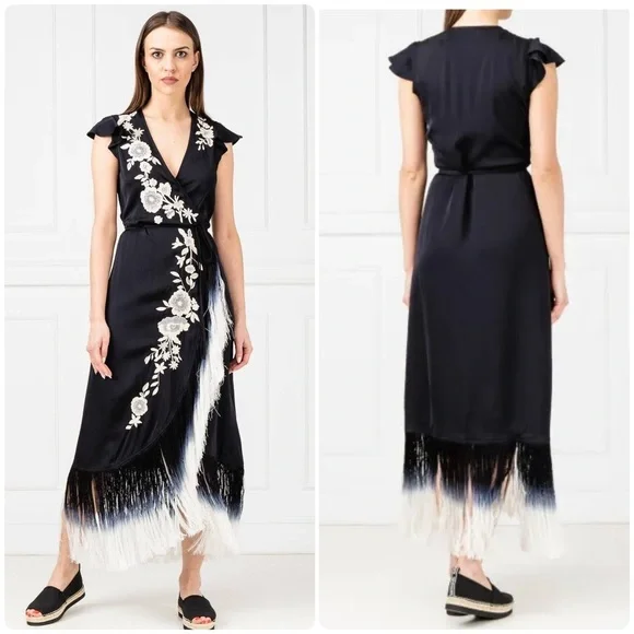 VENUS Black w/ White Embroidered Floral Asymmetric Fringe Wrap Midi Dress Size 8 - Picture 2 of 11